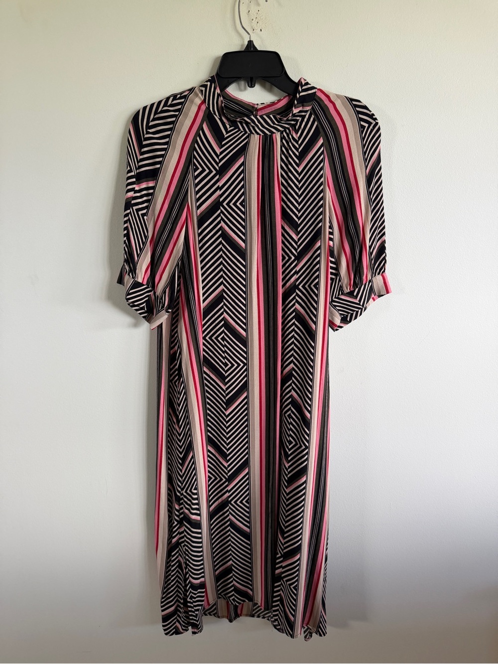 By Anthropologie Midi Dress Mock Neck in Black and Pink Stripe small